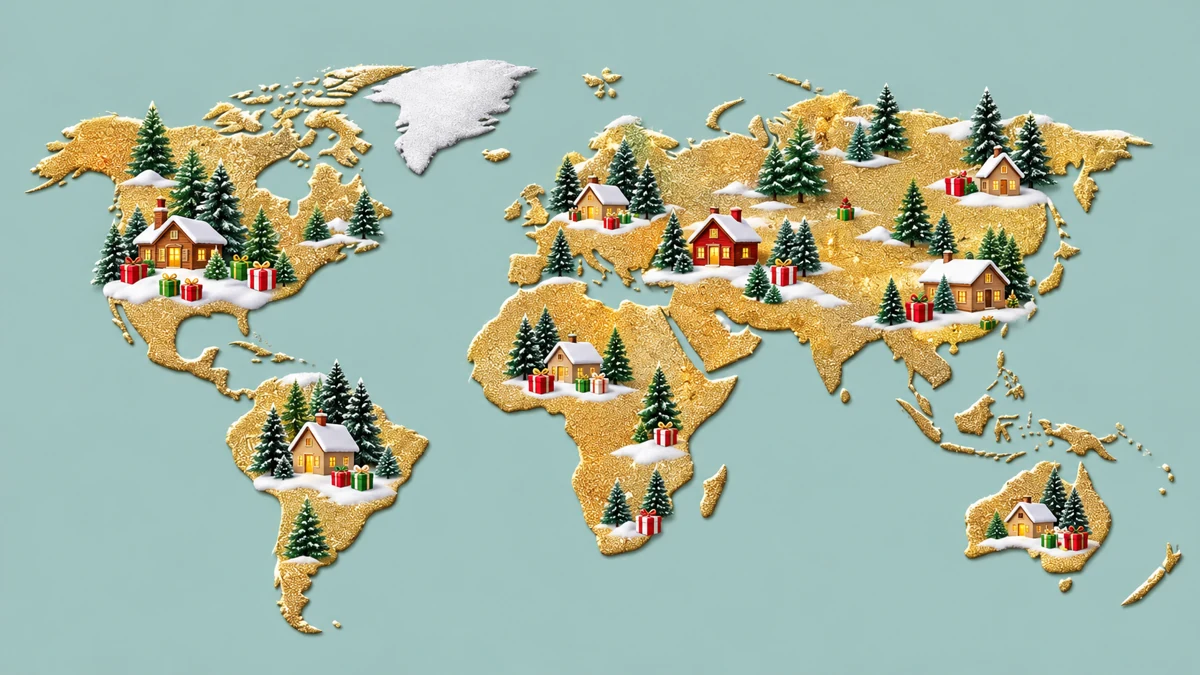 Carte imaginaire décorée de sapins, de maisons et de cadeaux, sans valeur documentaire Carte imaginaire décorée de sapins, de maisons et de cadeaux, sans valeur documentaire