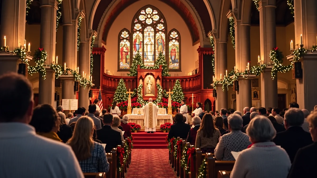 Illustration d’une assemblée dans une église décorée pour Noël