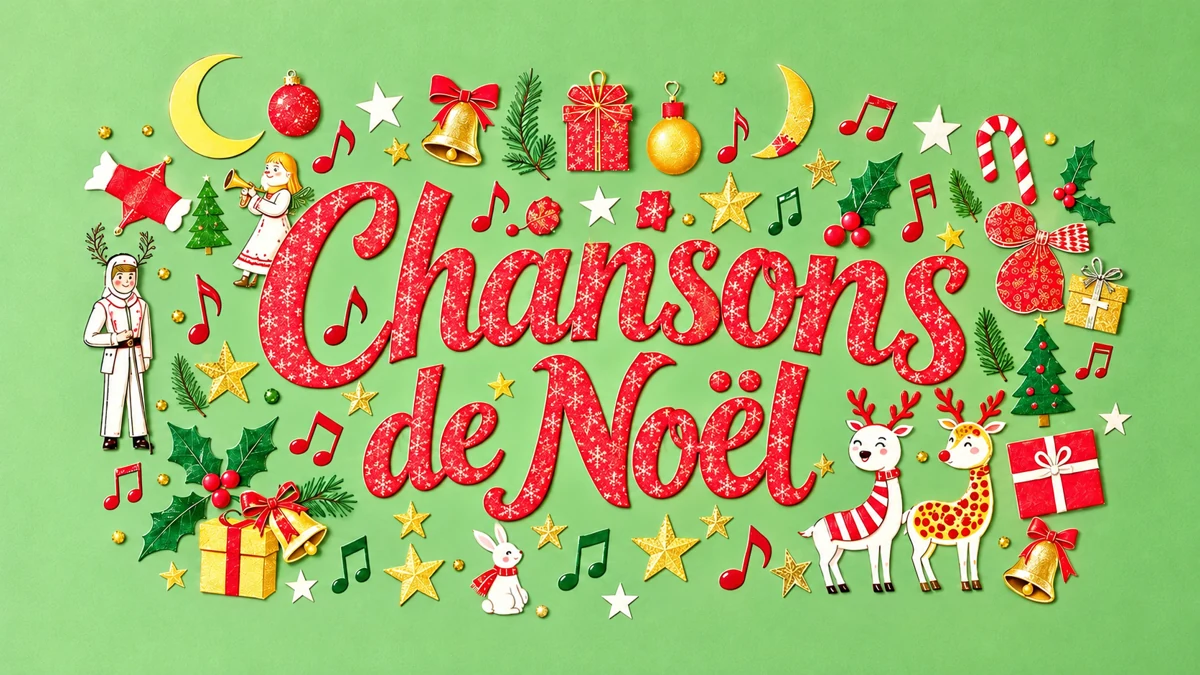 Lettrage Chansons de Noël entouré de notes et de décorations illustrées Lettrage Chansons de Noël entouré de notes et de décorations illustrées