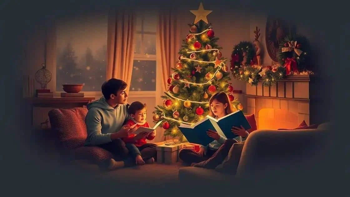 Illustration d’une famille réunie avec des livres de chants près du sapin
