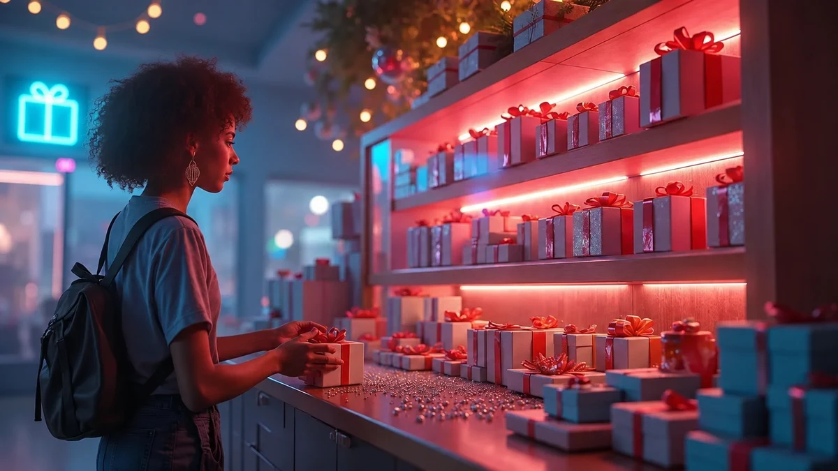 Illustration d’une femme choisissant un cadeau dans une boutique décorée