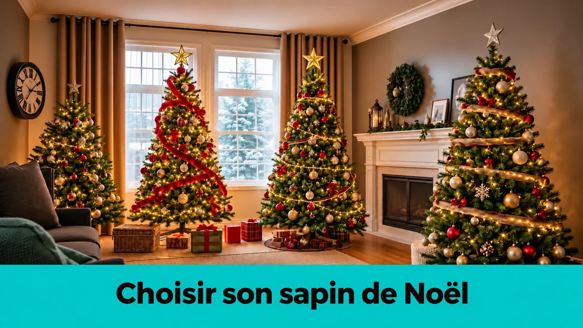 Quatre sapins décorés dans un salon sous le titre Choisir son sapin de Noël Quatre sapins décorés dans un salon sous le titre Choisir son sapin de Noël