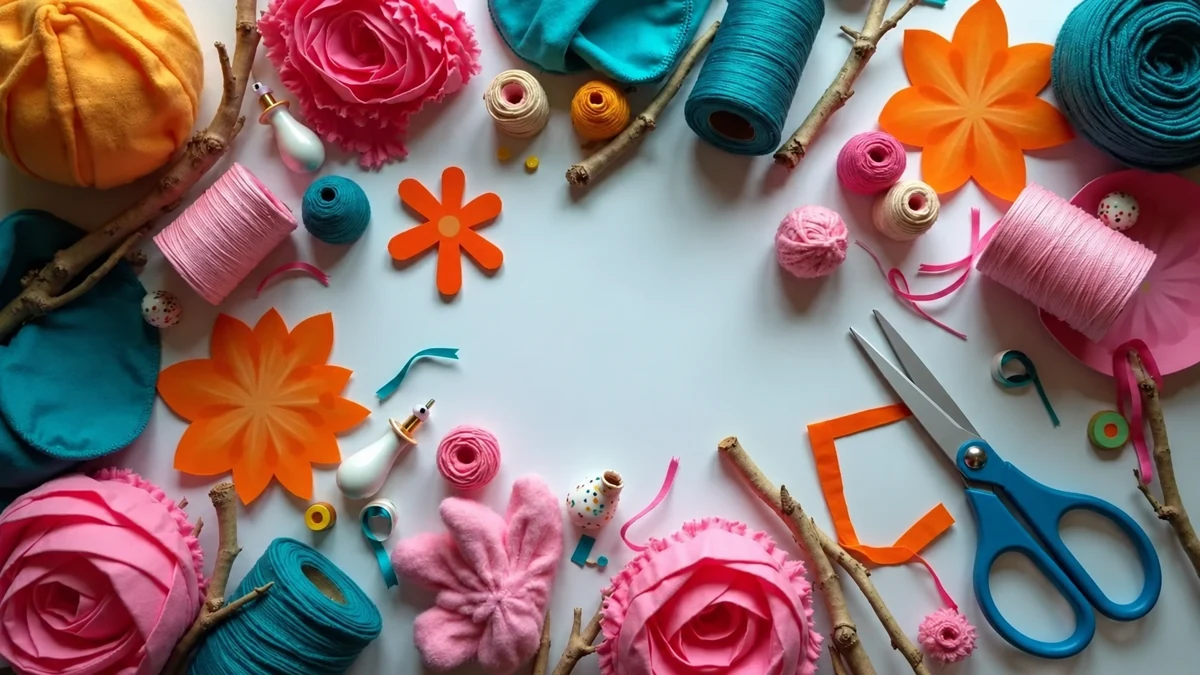 Ciseaux bleus, bobines de fil et fleurs décoratives autour d’un espace de travail