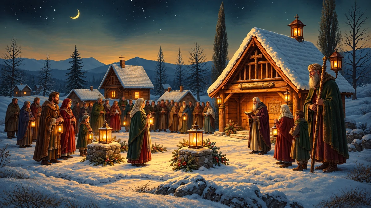 Illustration imaginaire d’une communauté réunie près d’une chapelle dans un village enneigé Illustration imaginaire d’une communauté réunie près d’une chapelle dans un village enneigé
