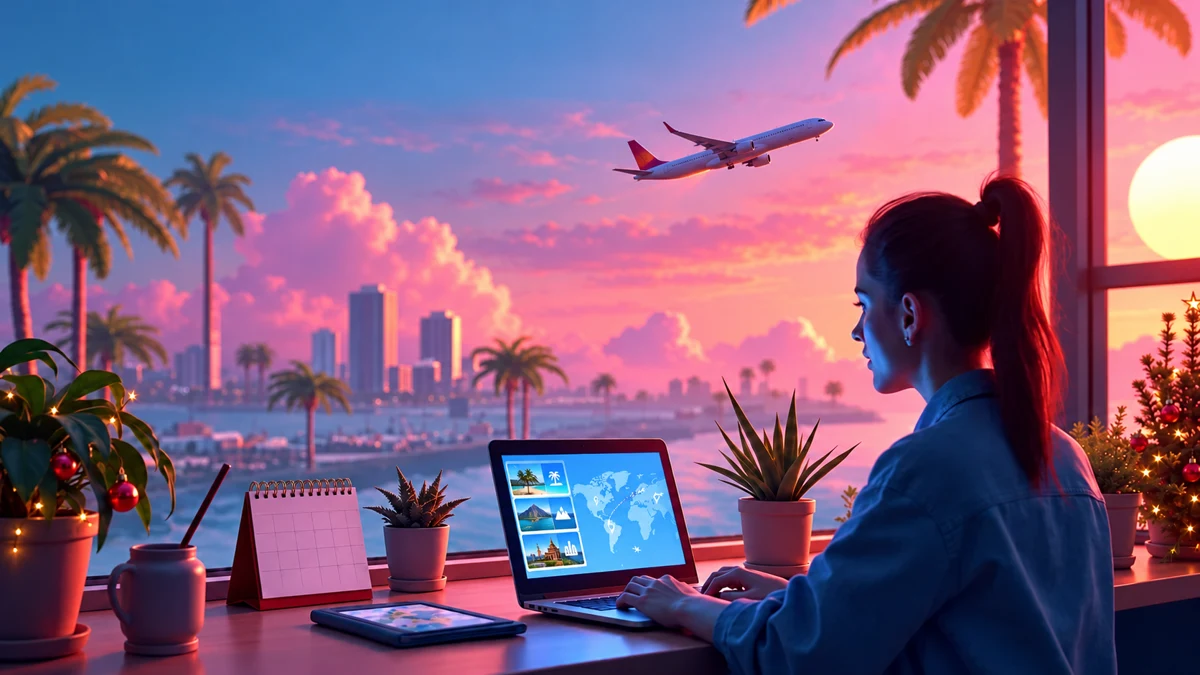 Voyageuse devant un ordinateur portable et un paysage tropical illustré