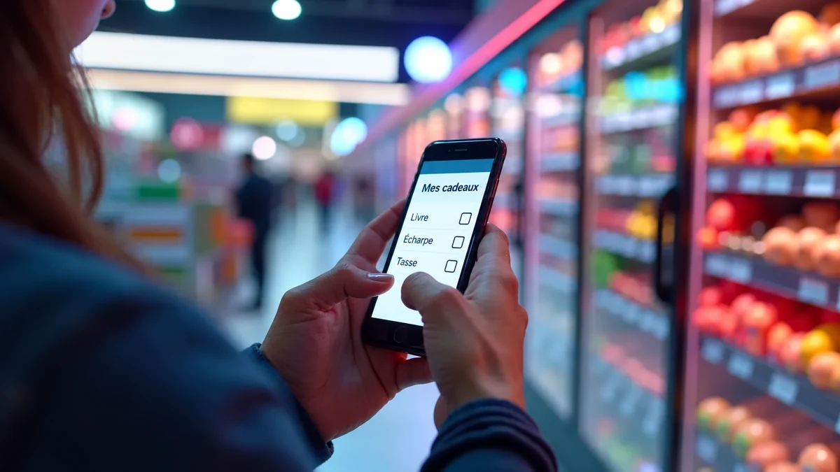 Personne consultant une liste fictive de cadeaux sur son téléphone pendant les achats Personne consultant une liste fictive de cadeaux sur son téléphone pendant les achats
