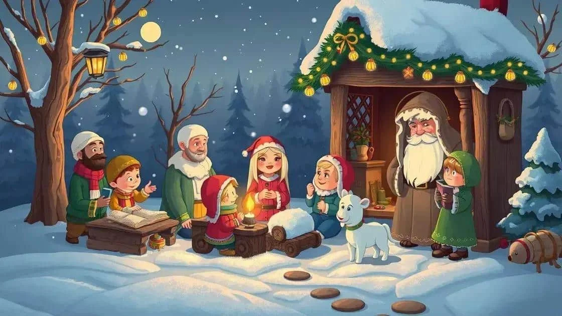 Personnages de conte et enfants réunis dans un décor de Noël enneigé