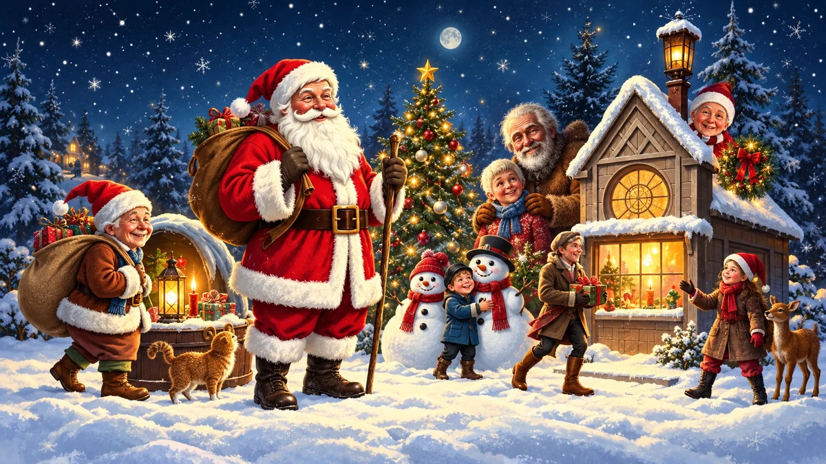 Illustration du Père Noël et de figures merveilleuses autour d’une maison illuminée