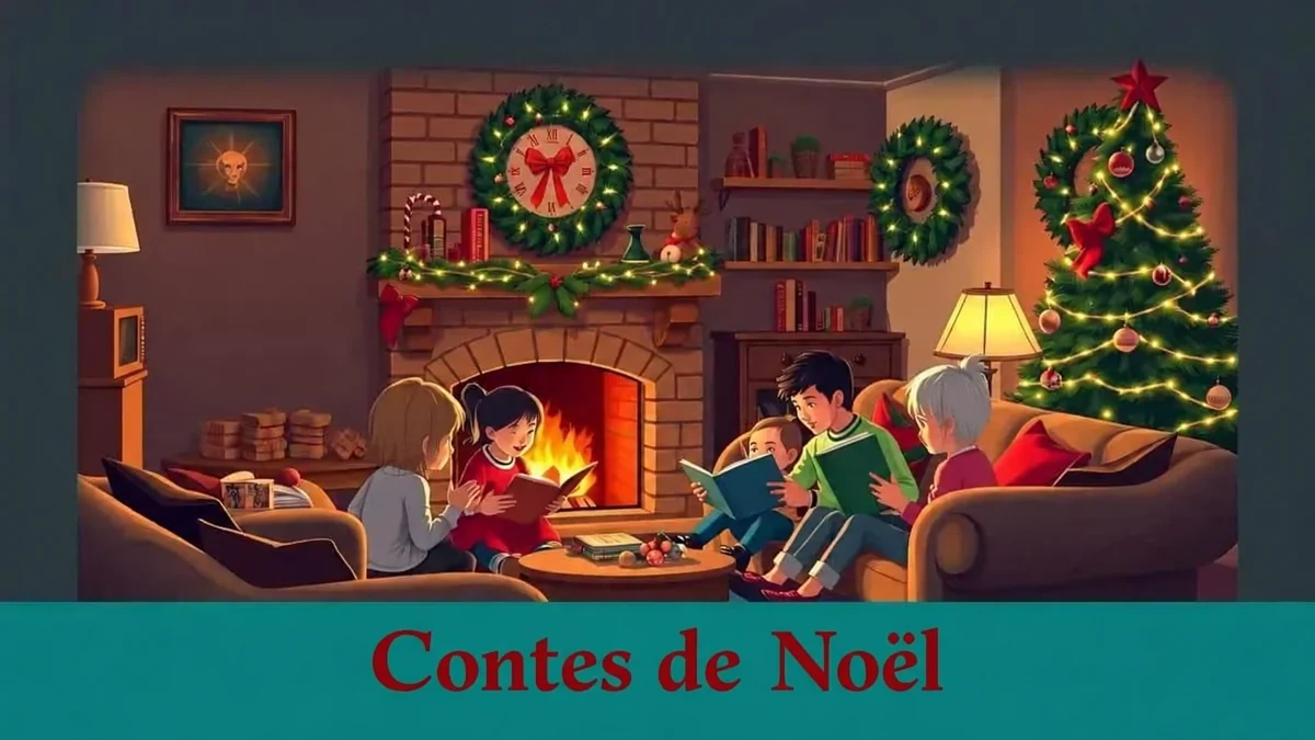 Illustration d’une lecture près du sapin, avec la mention « Contes de Noël »