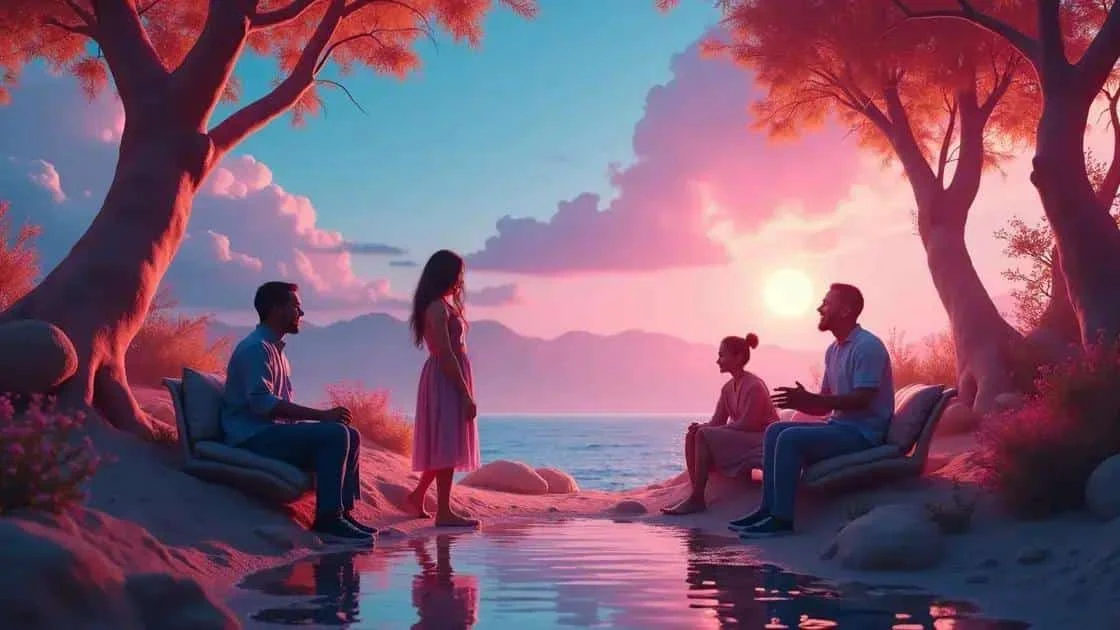 Illustration d’amis discutant au bord de l’eau