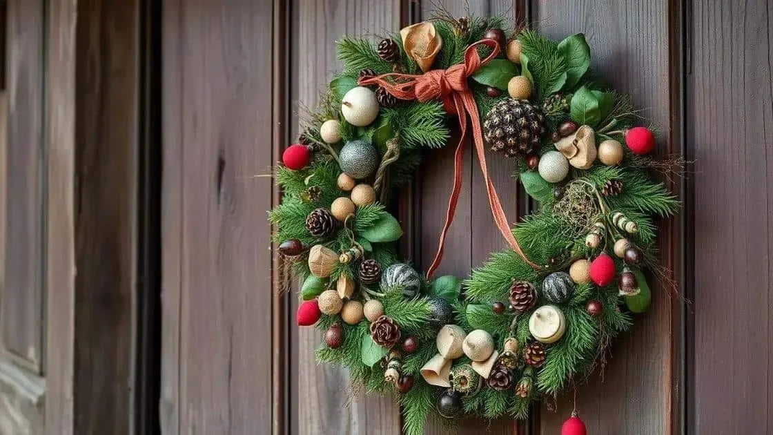 Couronne de Noël faite main suspendue sur une porte en bois