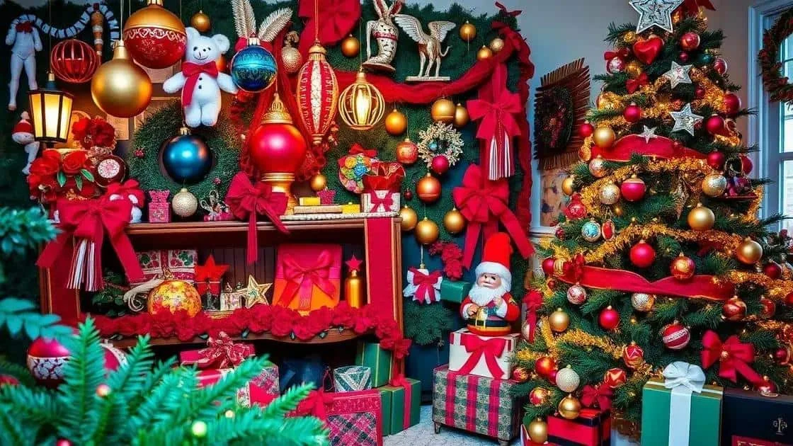 Décoration de Noël mêlant boules rouges et dorées, rubans et feuillages Décoration de Noël mêlant boules rouges et dorées, rubans et feuillages