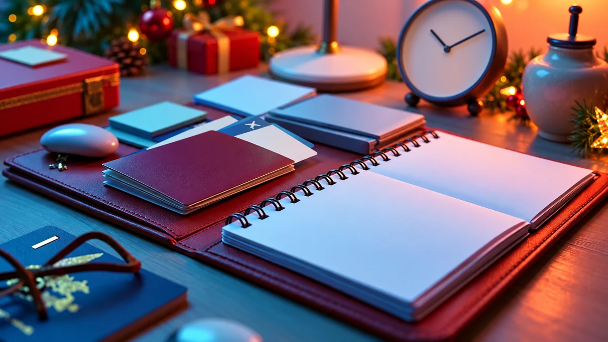 Documents de voyage et carnet sur un bureau décoré pour Noël
