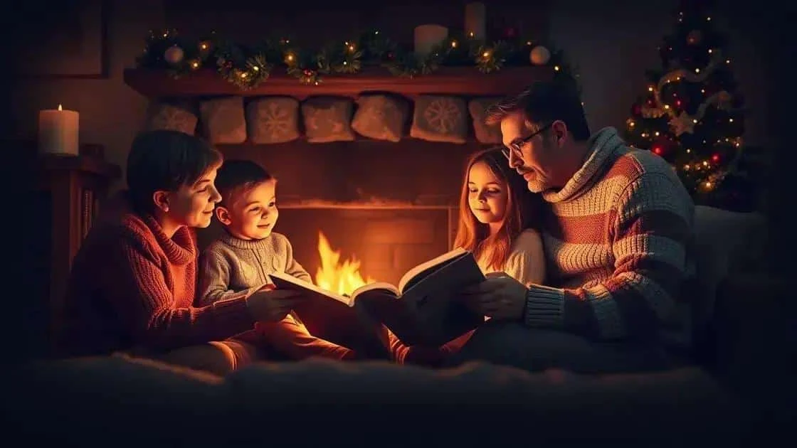 Illustration d’une lecture familiale devant une cheminée décorée pour Noël
