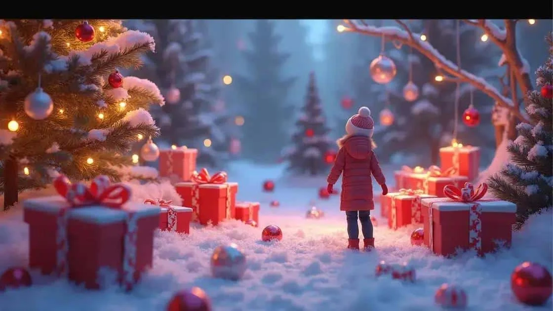 Illustration d’un enfant au milieu de cadeaux dans un paysage hivernal