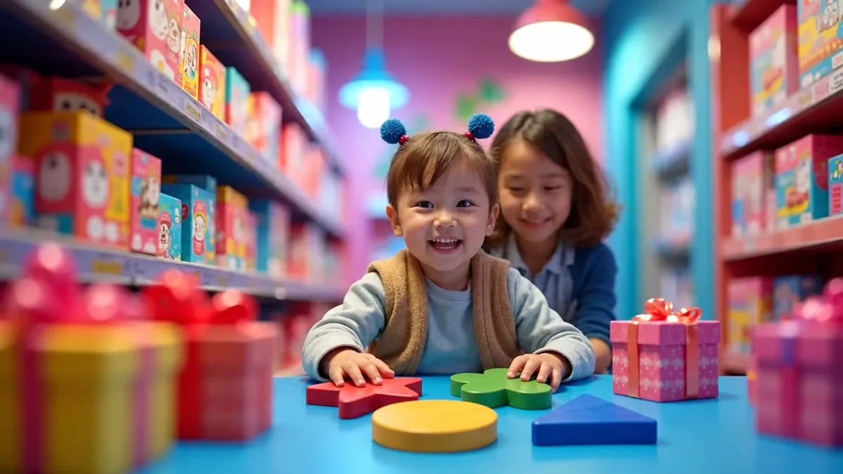 Enfant accompagné manipulant de grandes formes de jeu sur une table en magasin