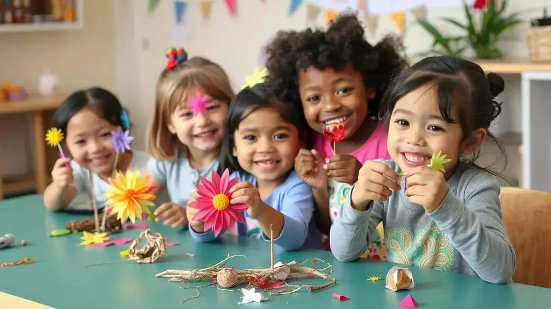 Enfants réunis autour d’un atelier de fleurs en papier