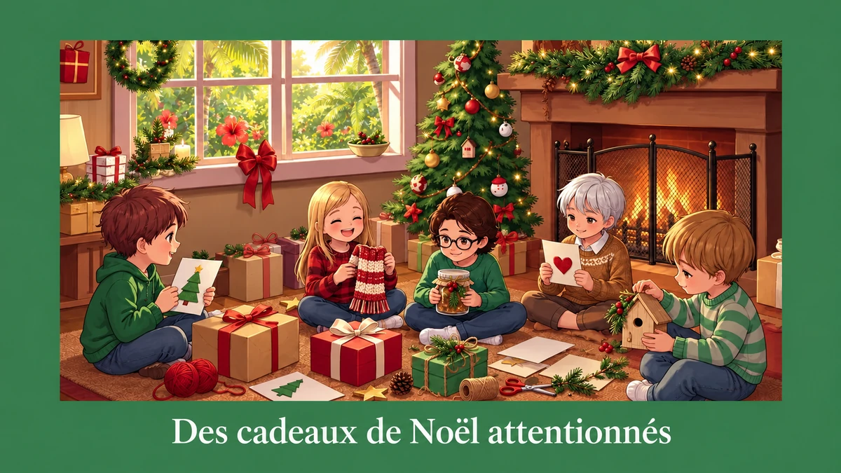 Illustration d’enfants échangeant des cadeaux faits main, avec un titre en français