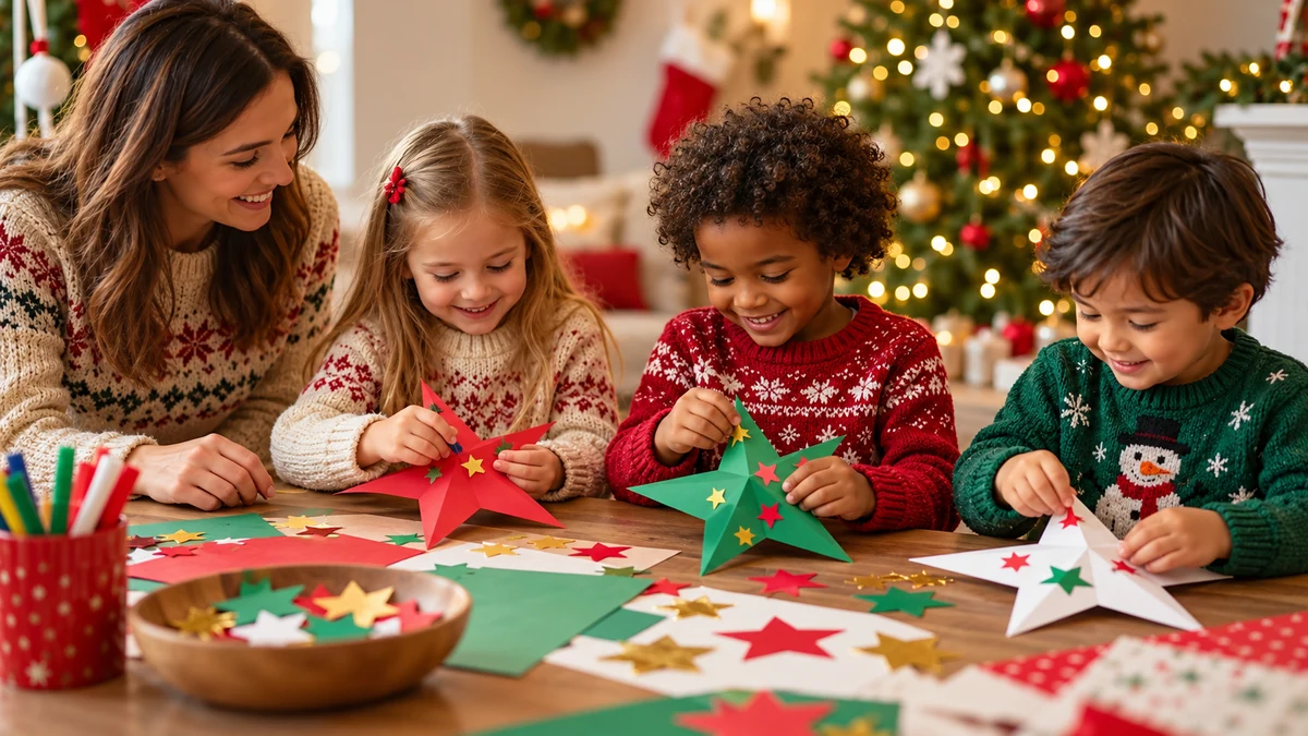 Trois enfants décorent des étoiles en papier avec un adulte, illustration d’un atelier de Noël