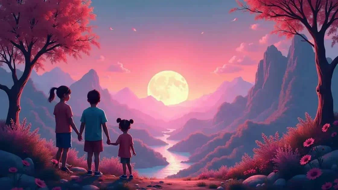 Trois enfants se tenant la main devant un paysage imaginaire Trois enfants se tenant la main devant un paysage imaginaire