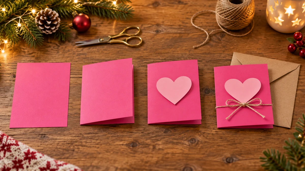 Quatre étapes d’assemblage d’une carte rose décorée d’un cœur