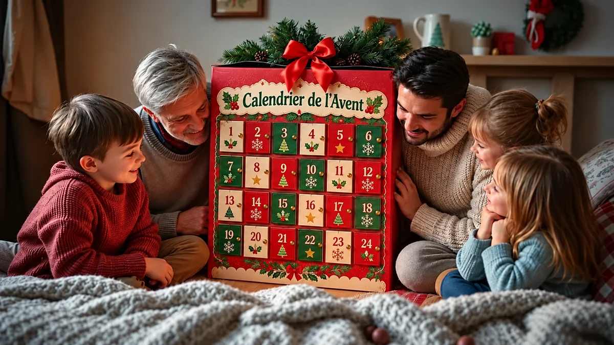 Famille réunie autour d’un calendrier de l’Avent à vingt-quatre portes Famille réunie autour d’un calendrier de l’Avent à vingt-quatre portes