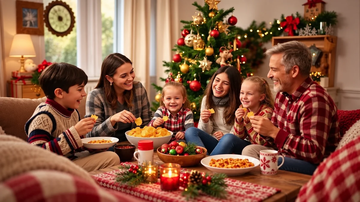 Adultes et enfants partagent une collation à côté du sapin