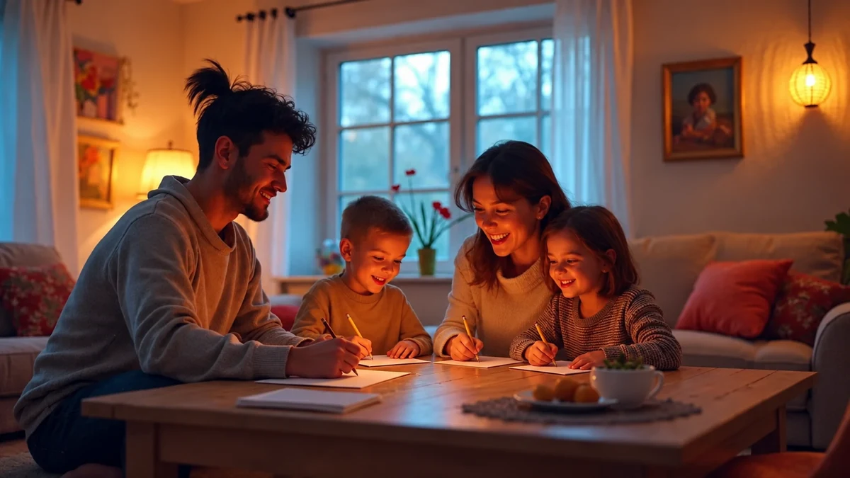Une famille écrit des cartes de remerciement autour d’une table Une famille écrit des cartes de remerciement autour d’une table