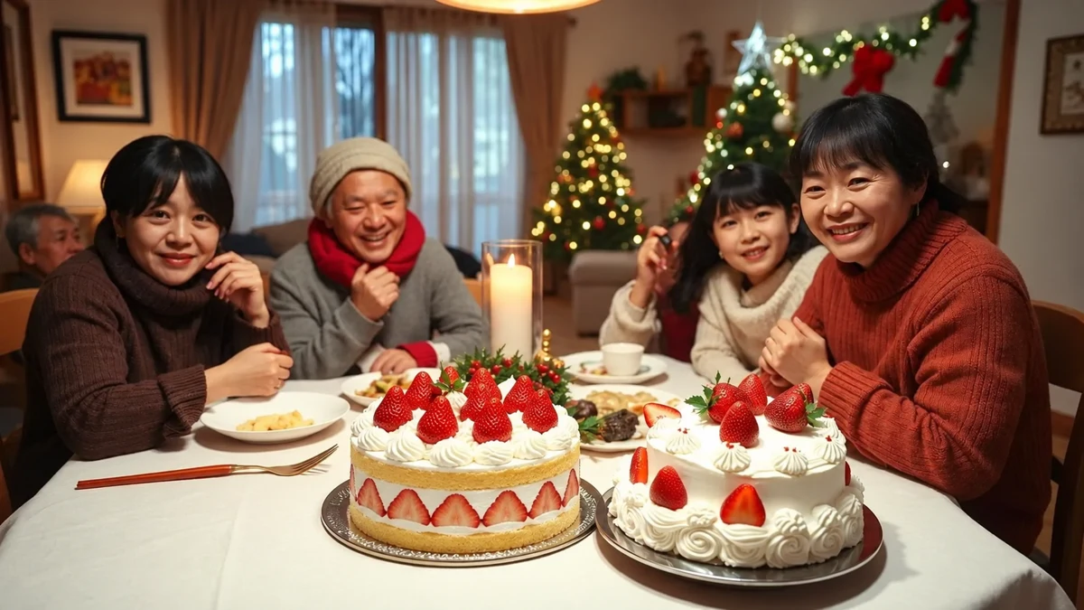 Scène illustrative d’une famille réunie autour de gâteaux de Noël aux fraises Scène illustrative d’une famille réunie autour de gâteaux de Noël aux fraises