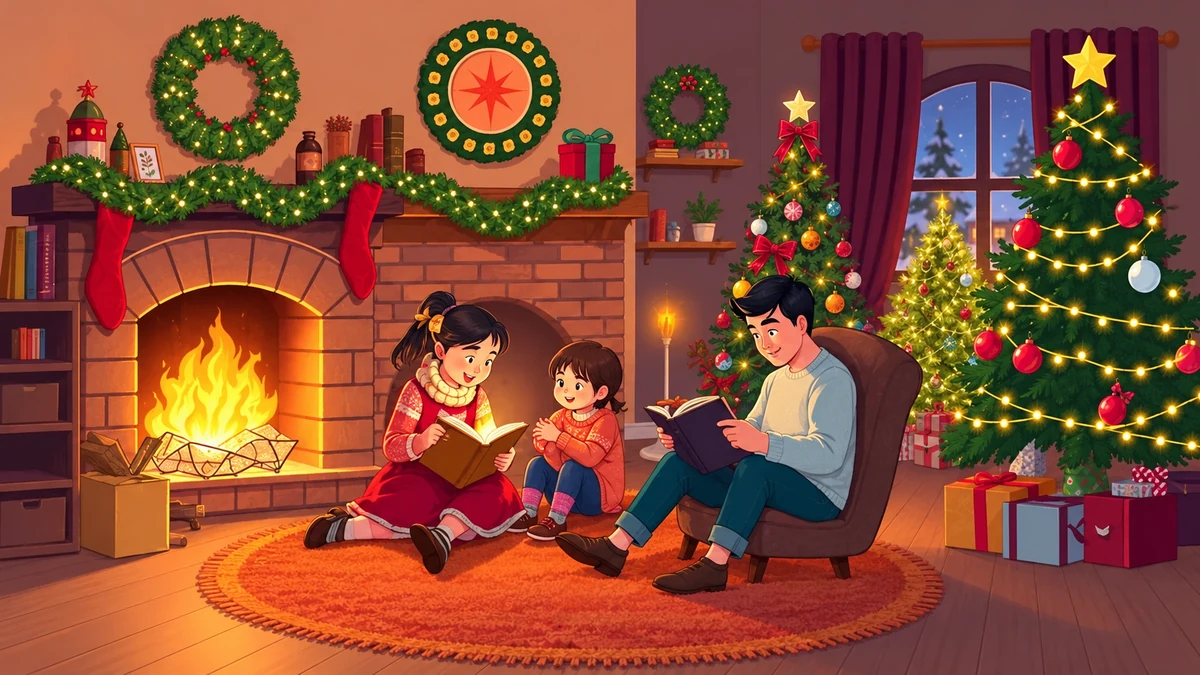 Illustration d’une famille qui lit dans un salon décoré pour Noël