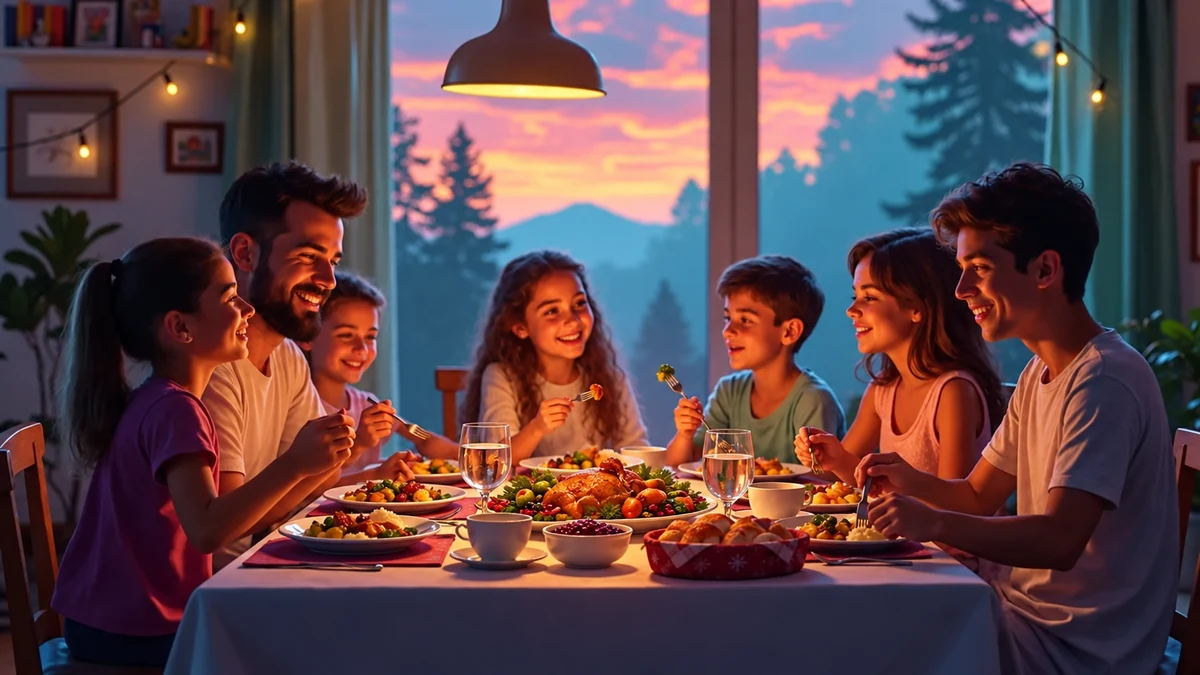 Une famille partage un repas à la lumière du coucher du soleil Une famille partage un repas à la lumière du coucher du soleil