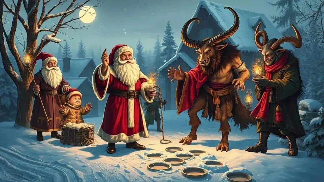 Illustration fantastique de figures hivernales et de créatures cornues dans la neige
