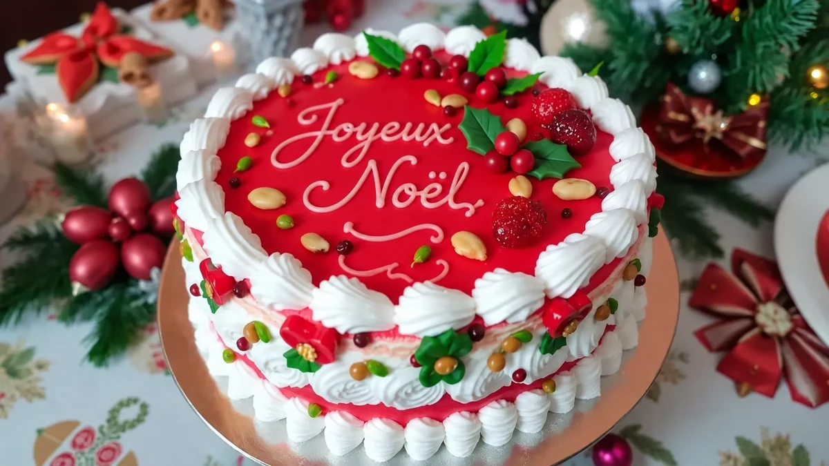 Gâteau décoré de l’inscription Joyeux Noël et de motifs en pâte alimentaire Gâteau décoré de l’inscription Joyeux Noël et de motifs en pâte alimentaire