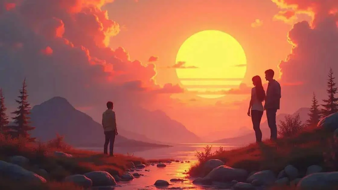 Un groupe contemple un paysage au coucher du soleil