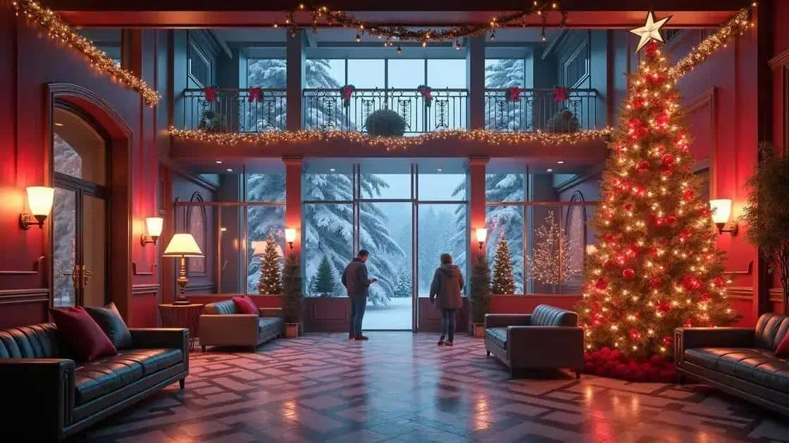 Hall d’hôtel décoré pour Noël avec vue sur un paysage enneigé Hall d’hôtel décoré pour Noël avec vue sur un paysage enneigé