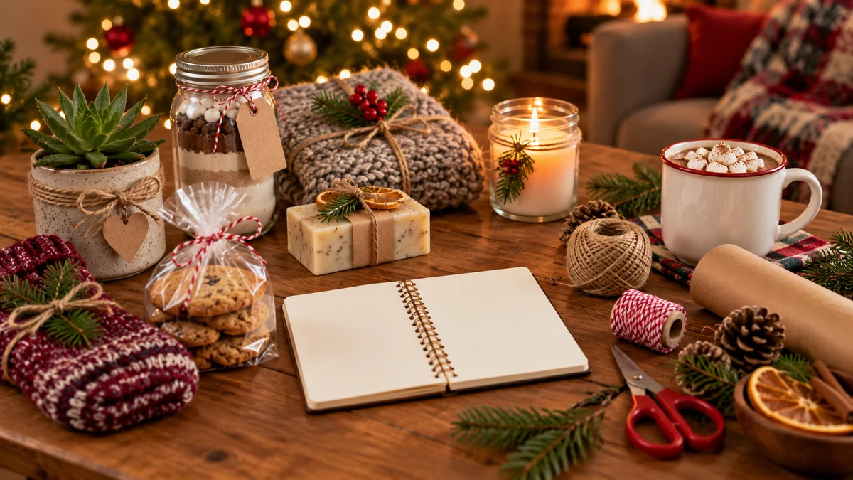 Petits objets, biscuits, carnet et matériaux d’emballage pour préparer des cadeaux