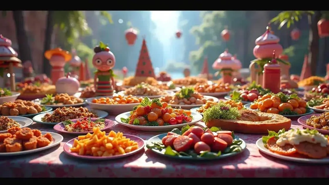 Illustration fantaisiste d’un buffet coloré avec des personnages décoratifs Illustration fantaisiste d’un buffet coloré avec des personnages décoratifs