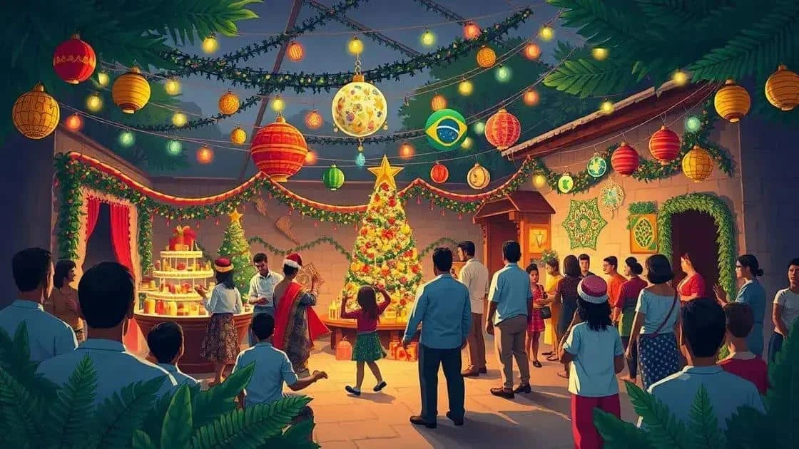 Illustration d’une fête de Noël dans une cour décorée aux couleurs du Brésil Illustration d’une fête de Noël dans une cour décorée aux couleurs du Brésil