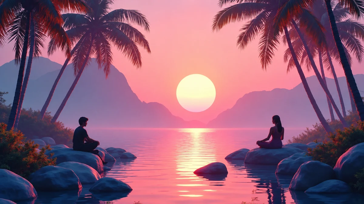 Illustration de deux adultes assis sur la rive d’un lac au coucher du soleil Illustration de deux adultes assis sur la rive d’un lac au coucher du soleil