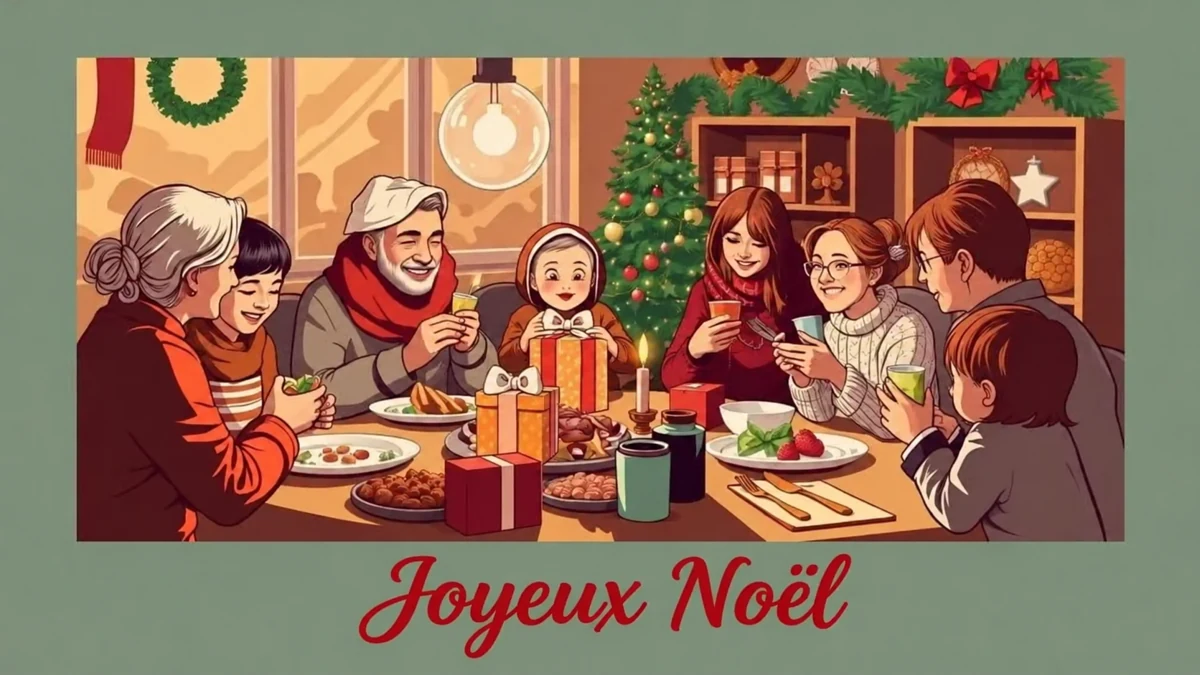 Illustration d’une réunion familiale autour de la table avec le message Joyeux Noël