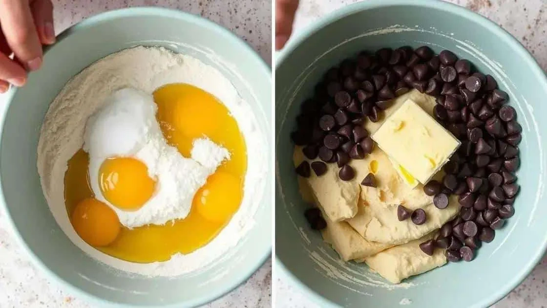 Ingrédients d’une pâte enrichie présentés avec des pépites de chocolat