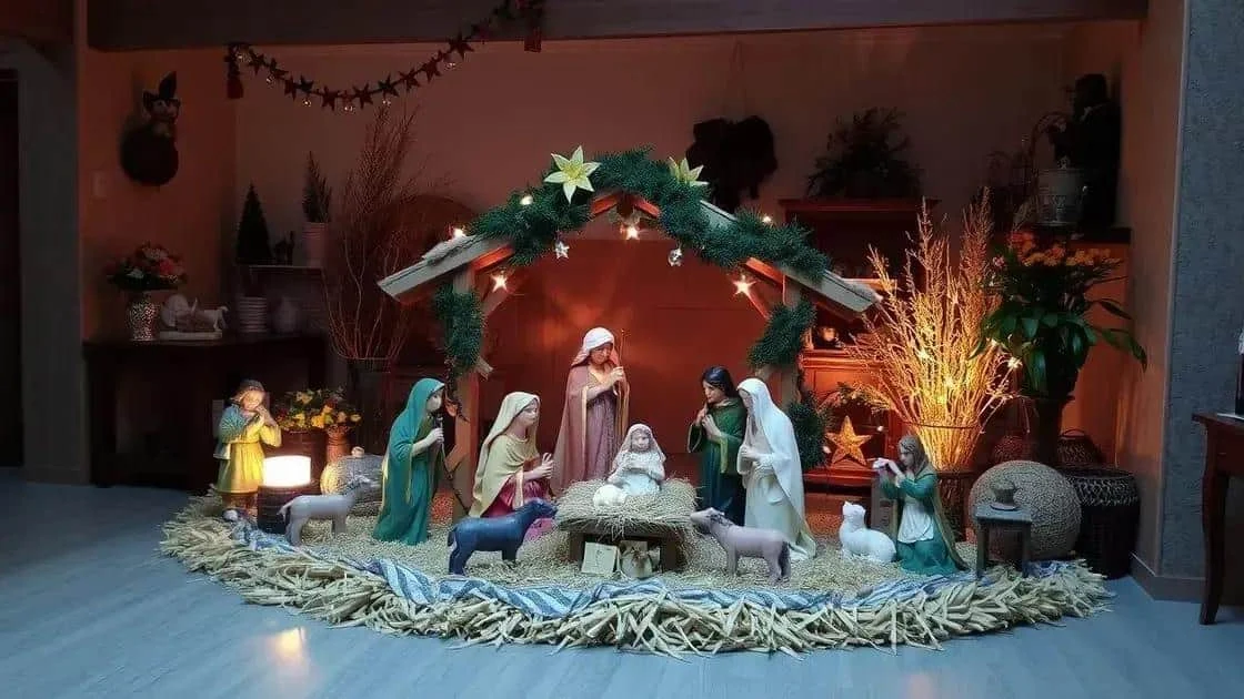 Crèche de Noël avec de nombreuses figurines installée à la maison Crèche de Noël avec de nombreuses figurines installée à la maison