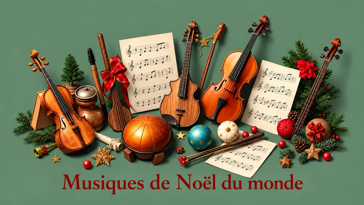 Instruments et décorations festives sous le titre Musiques de Noël du monde Instruments et décorations festives sous le titre Musiques de Noël du monde