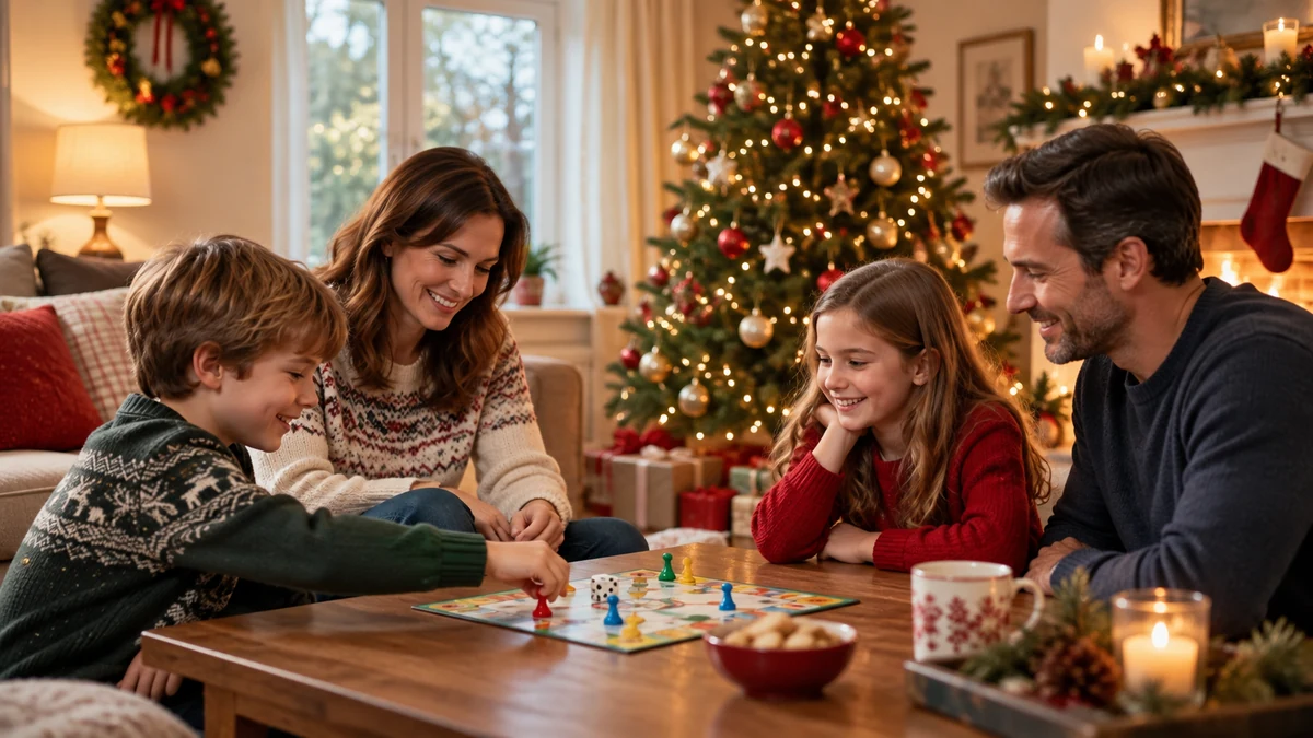 Parents et enfants partageant un jeu de société à Noël