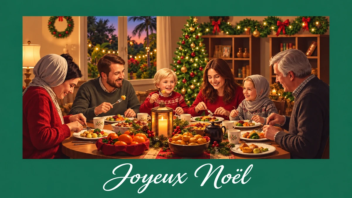 Repas partagé en famille avec la légende Joyeux Noël Repas partagé en famille avec la légende Joyeux Noël