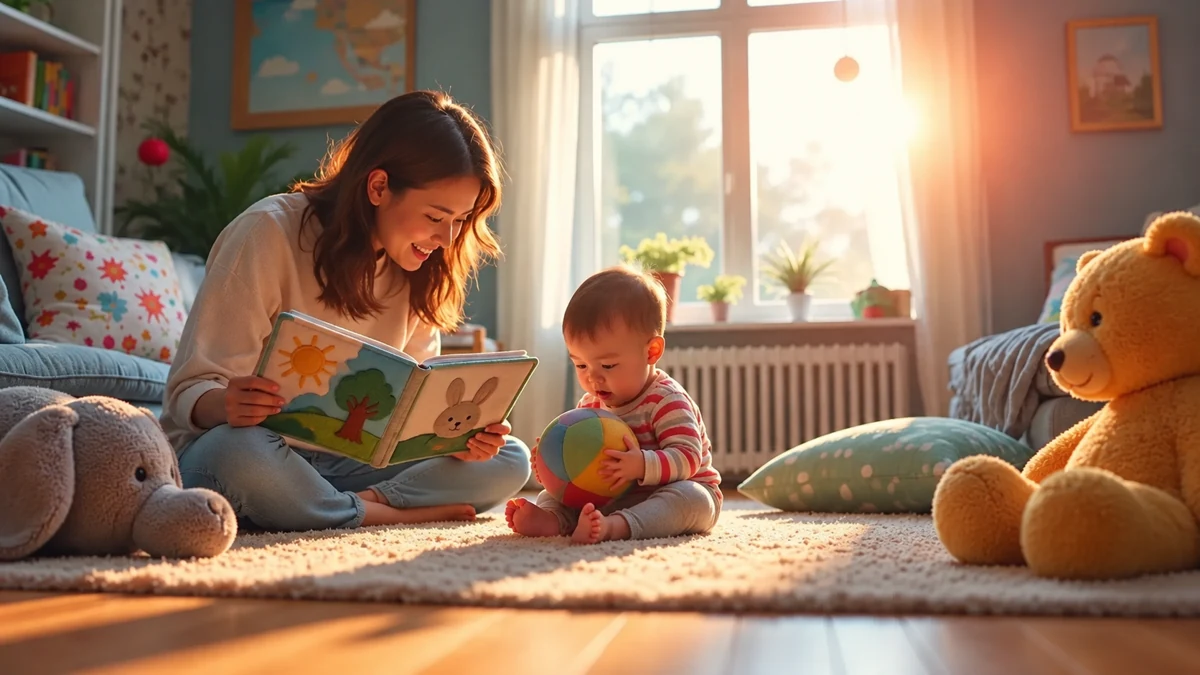 Adulte lisant un livre en tissu près d’un bébé tenant un gros ballon souple