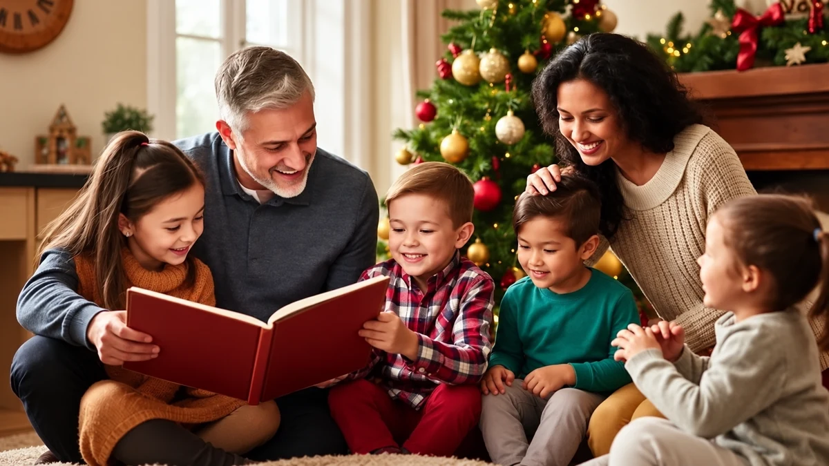 Un adulte et des enfants partagent la lecture d’un livre près du sapin Un adulte et des enfants partagent la lecture d’un livre près du sapin