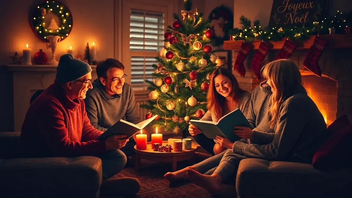 Des adultes lisent ensemble dans un salon décoré avec une inscription Joyeux Noël