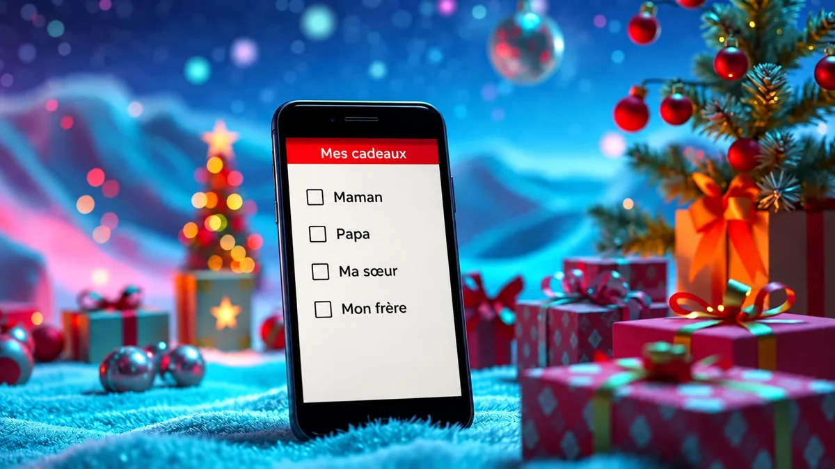 Téléphone affichant une liste fictive de cadeaux pour plusieurs membres de la famille Téléphone affichant une liste fictive de cadeaux pour plusieurs membres de la famille