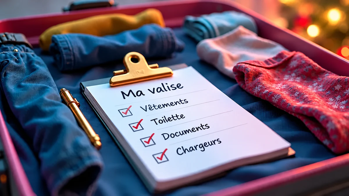 Liste en français des affaires à emporter, posée sur des vêtements dans une valise